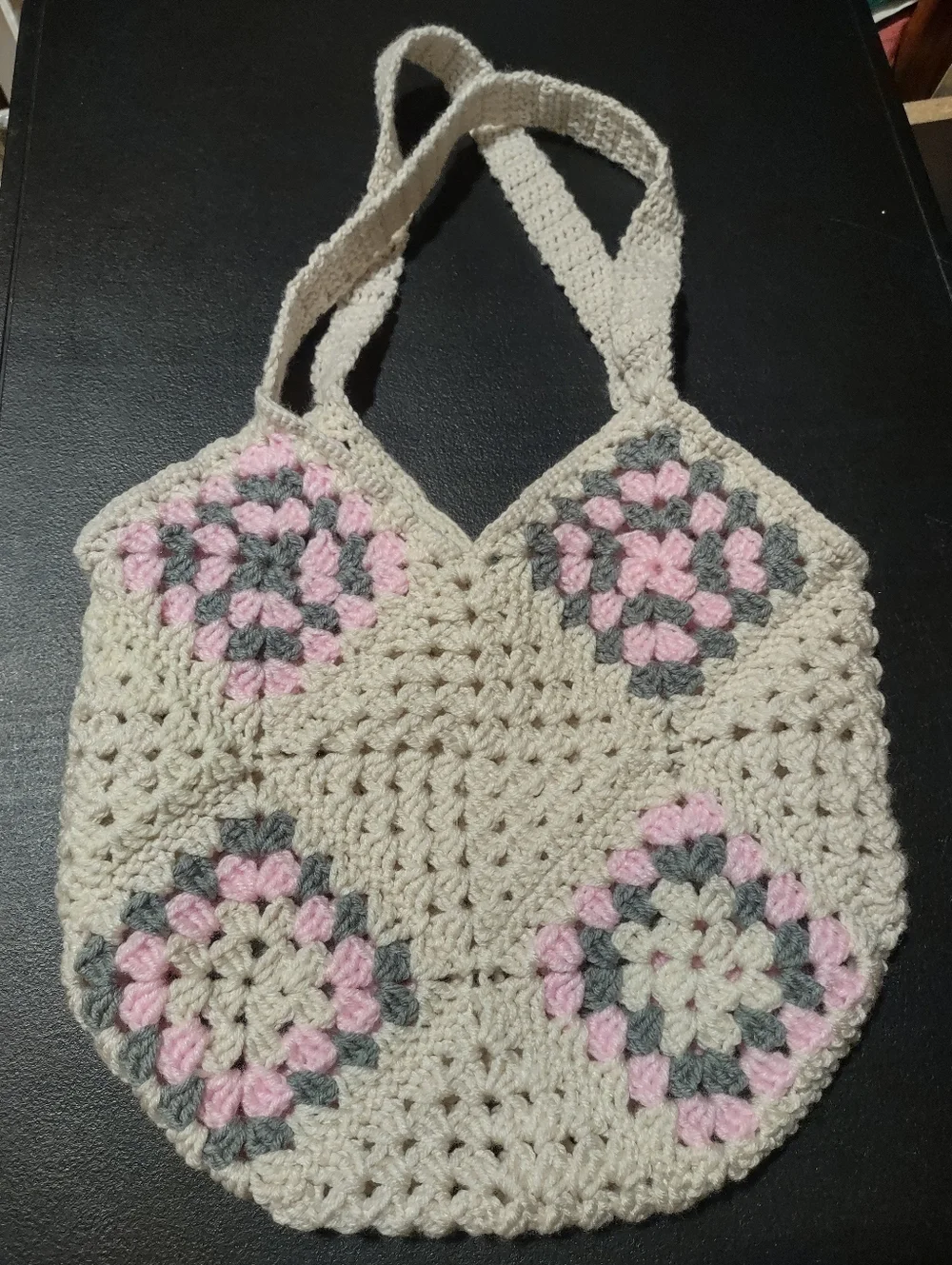 Handmade Crochet Women’s Tote Bag in Cream, Pink & Gray - Picture 4 of 8